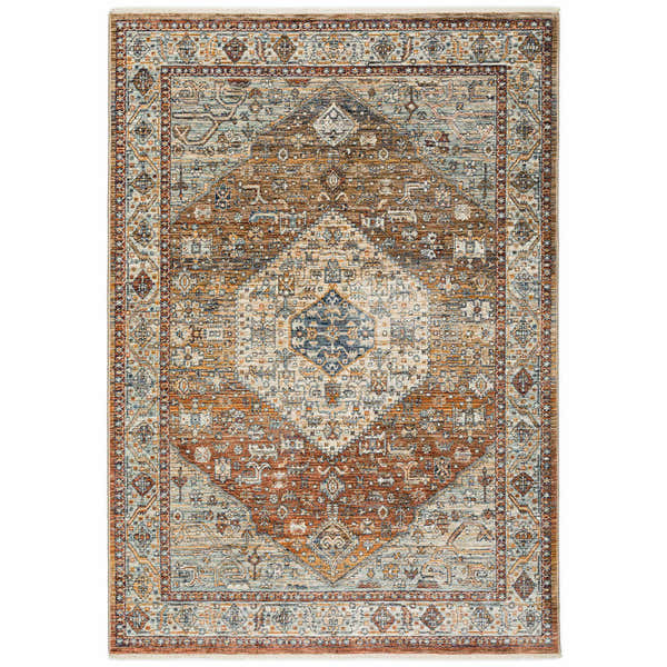 Detailed view of the Dalyn Bergama BE1 Paprika area rug featuring a traditional, ornate pattern in brown, paprika, and navy.