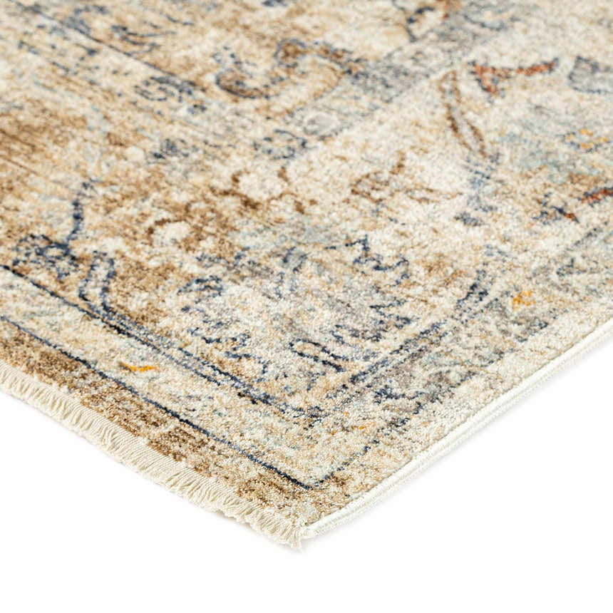 Close-up of the traditional Dalyn Bergama BE4 Ivory Area Rug, featuring beige, chestnut, blue, and paprika tones.