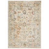 Close-up of Dalyn Bergama BE4 Ivory Area Rug. Beige, chestnut, blue, and paprika floral traditional design.