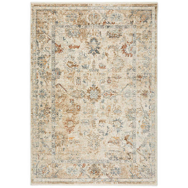 Close-up of Dalyn Bergama BE4 Ivory Area Rug. Beige, chestnut, blue, and paprika floral traditional design.