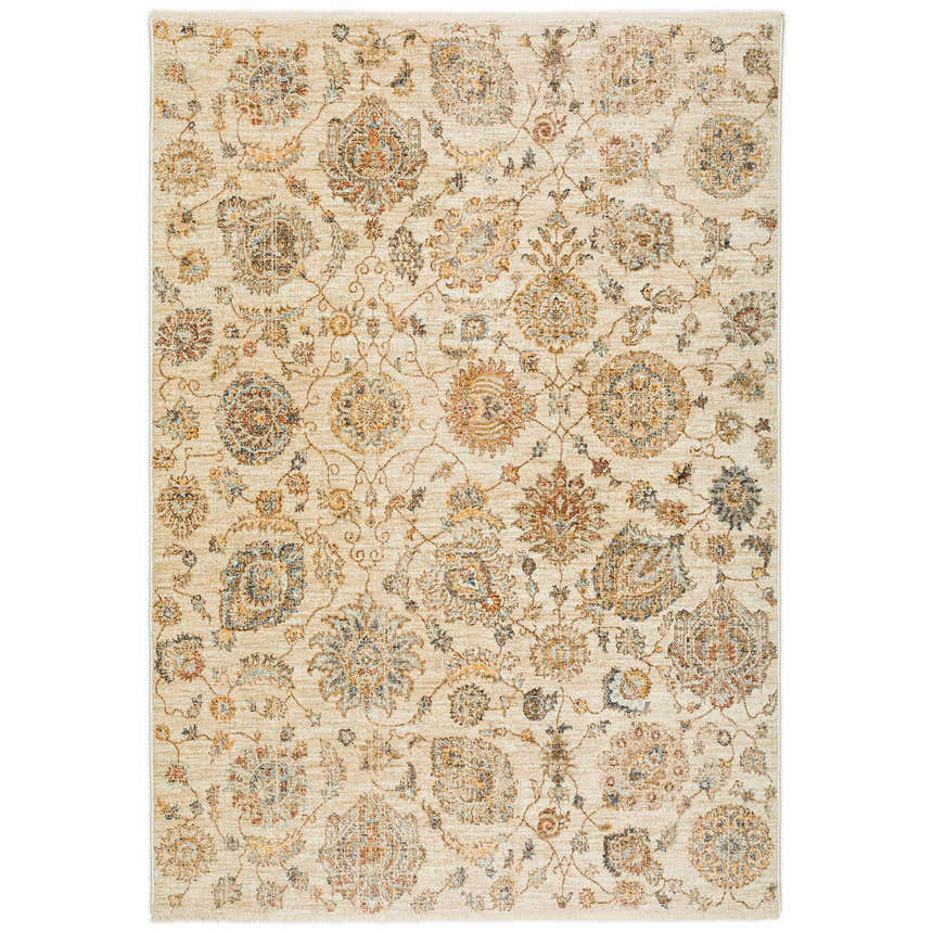 Close-up of the Dalyn Bergama BE5 Ivory Area Rug, a traditional rug with beige, blue, chestnut, and paprika floral patterns.