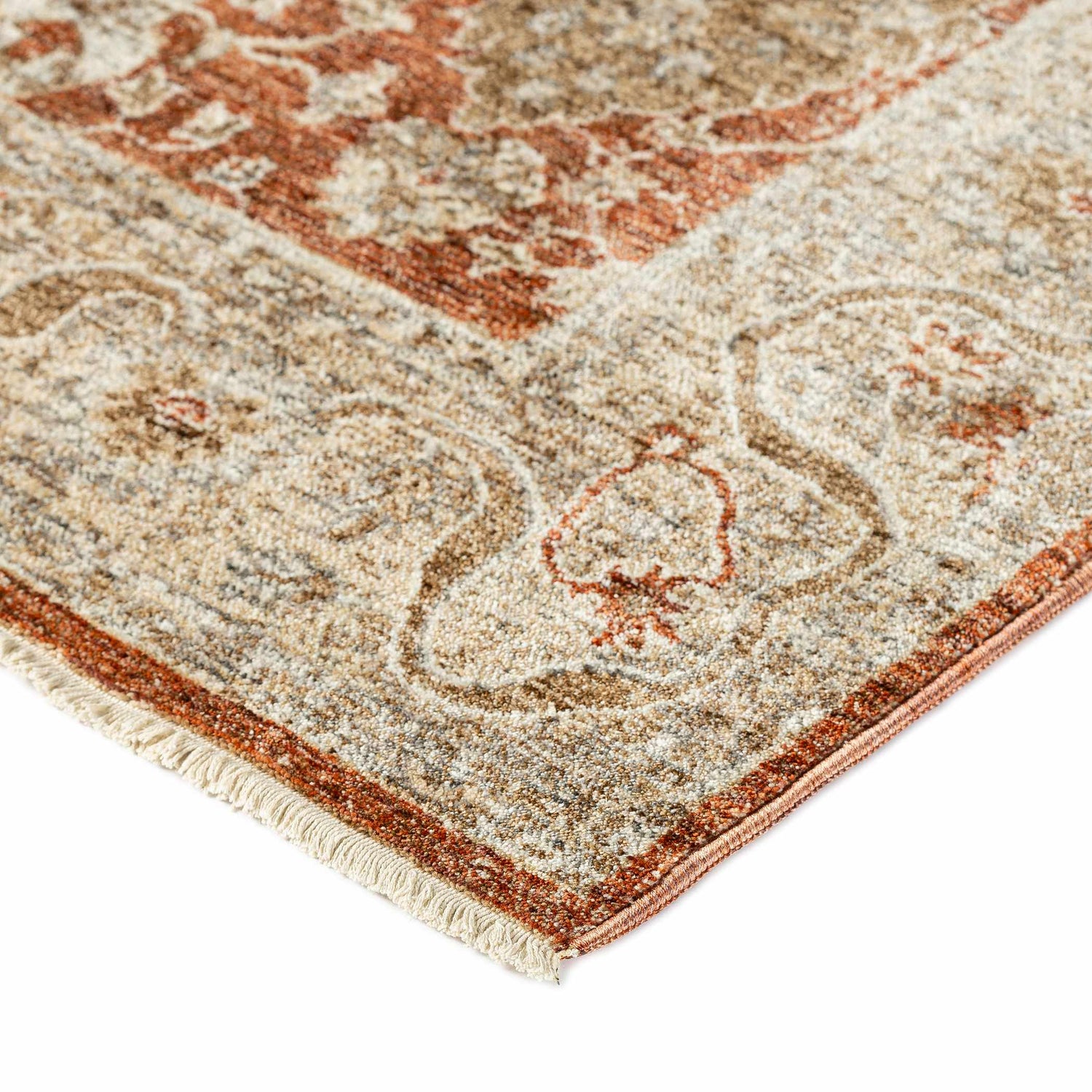 Close-up of the Dalyn Bergama BE6 Paprika area rug showing its traditional brown, ivory, and paprika floral pattern.
