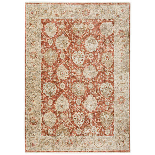 Dalyn Bergama BE6 Paprika area rug with a traditional floral pattern in paprika, ivory, and brown.