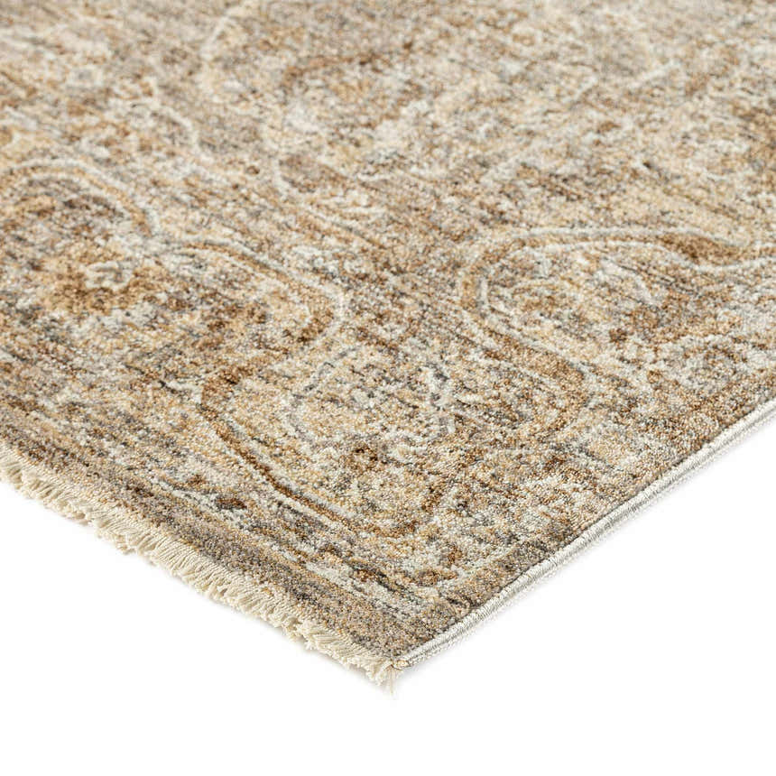 Close-up of the Dalyn Bergama BE6 Pebble Area Rug, showcasing its beige, brown, and ivory traditional pattern and fringed edge.