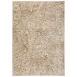 Close-up of the Dalyn Bergama BE6 Pebble Area Rug. Beige, chestnut, and ivory floral pattern with a traditional border.