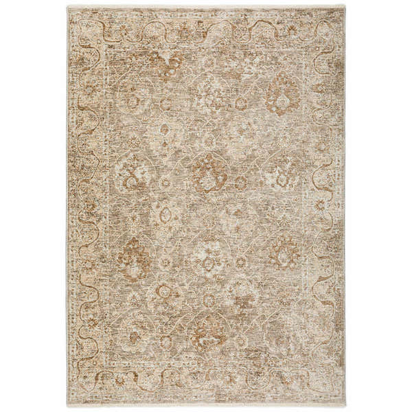 Close-up of the Dalyn Bergama BE6 Pebble Area Rug. Beige, chestnut, and ivory floral pattern with a traditional border.