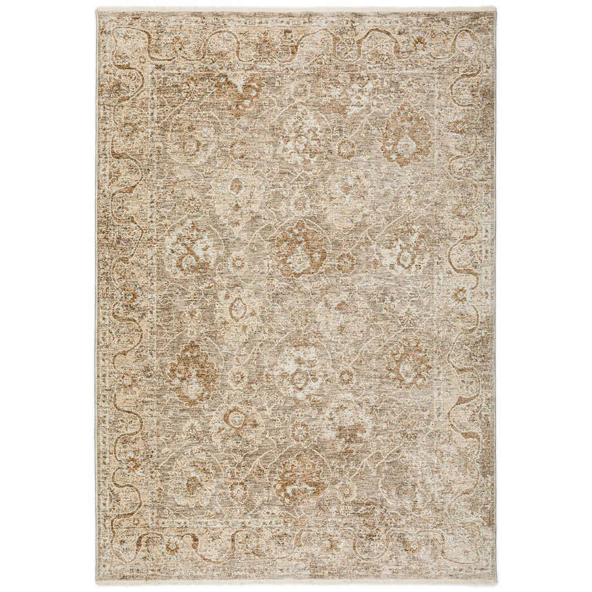 Close-up of the Dalyn Bergama BE6 Pebble Area Rug. Beige, chestnut, and ivory floral pattern with a traditional border.