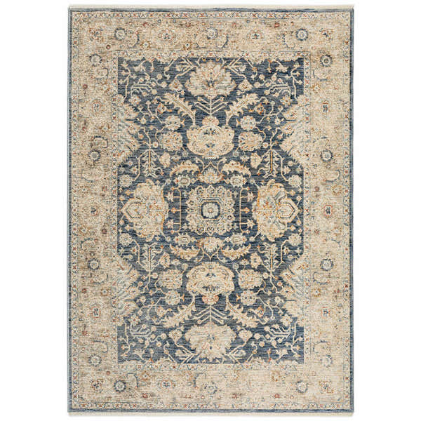 Close-up of the Dalyn Bergama BE8 Navy Area Rug featuring a traditional floral pattern in beige, ivory, and navy.