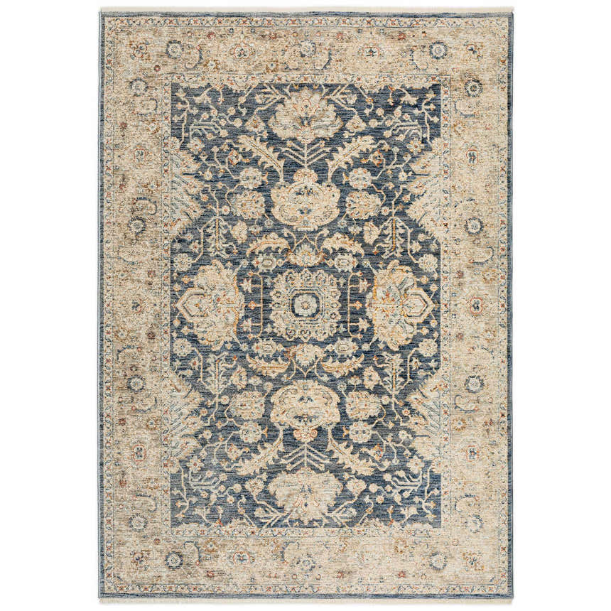 Close-up of the Dalyn Bergama BE8 Navy Area Rug featuring a traditional floral pattern in beige, ivory, and navy.