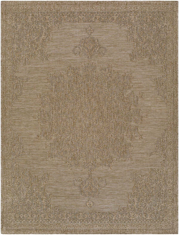 Close-up of the Bahula Area Rug, a beige machine-woven rug with a traditional, subtle floral pattern and texture. Design-Rectangle-537