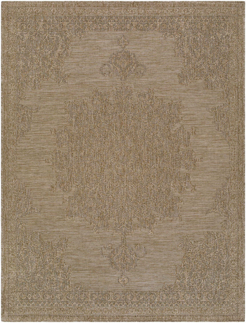 Close-up of the Bahula Area Rug, a beige machine-woven rug with a traditional, subtle floral pattern and texture. Design-Rectangle-537