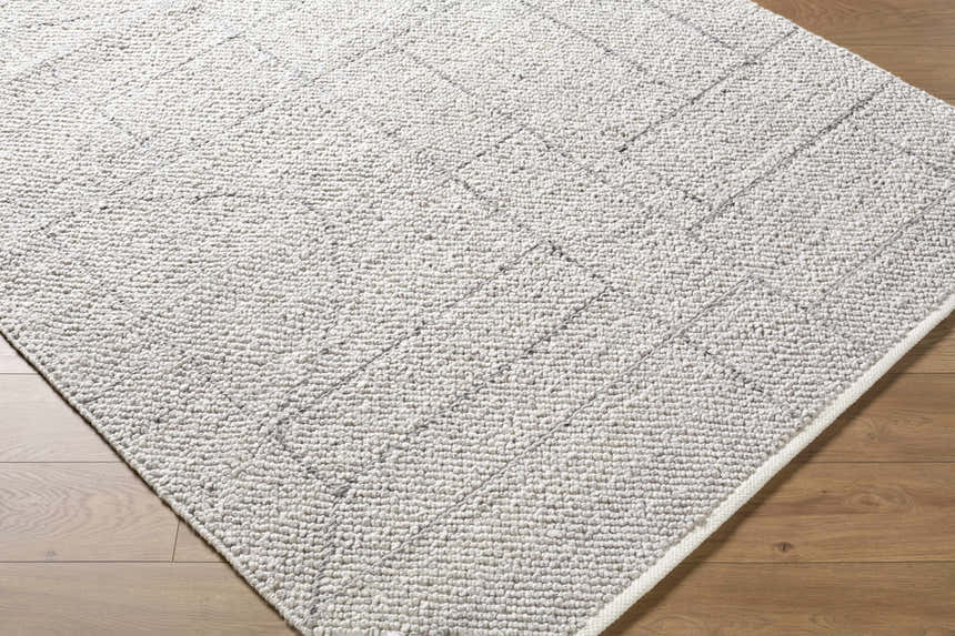 Close-up of the hand woven Brenta Area Rug. Gray, light silver, and sage hues with a subtle geometric pattern. Corner