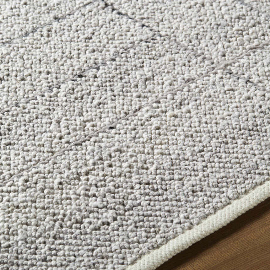 Close-up of the hand woven Brenta Area Rug. Features a textured gray, light silver, and sage geometric design. Texture