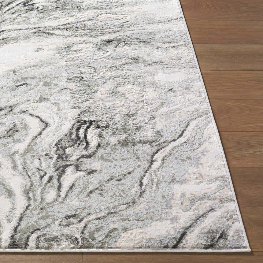 Close-up of Brandi Gray Marble Area Rug showing its beige, cream, and gray marble-like pattern and textured surface. Front