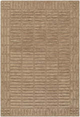 Close-up of the hand-tufted Birger Beige Area Rug. 100% wool rug with a contemporary geometric pattern in beige, sandstone, and taupe. Design-Rectangle-576