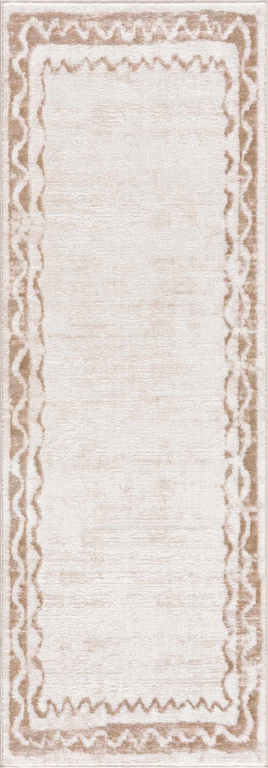 Beatus Washable Area Rug, beige and light brown geometric runner with a wavy border pattern. Design-Runner-2773