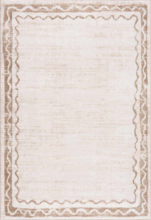 Close-up of Beatus Washable Area Rug. Beige rug with a light brown geometric border. Machine woven polyester. Design-Rectangle-5373