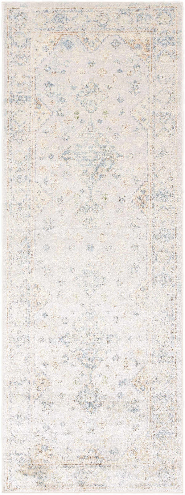 Close-up of the Bhavya Cream Washable Area Rug, featuring a traditional design with beige, muted blue, and sage colors. Design-Runner-2773