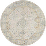 Close-up of a round Bhavya Cream Washable Area Rug. Beige, muted blue, and sage farmhouse-style design. Design-Round-67