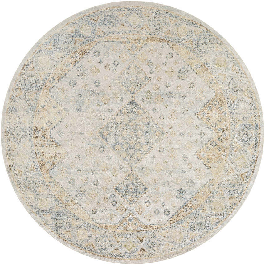 Close-up of a round Bhavya Cream Washable Area Rug. Beige, muted blue, and sage farmhouse-style design. Design-Round-67