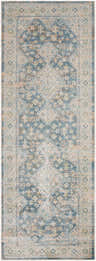 Close-up of the Bhavya Navy Washable Area Rug featuring a traditional, distressed diamond pattern in navy, brown, and beige. Design-Runner-2773