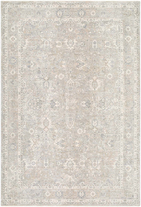 Detailed Banyan Luxe Area Rug with a traditional design in ivory, pale blue, silver gray, stone gray, and taupe. Design-Rectangle-6796
