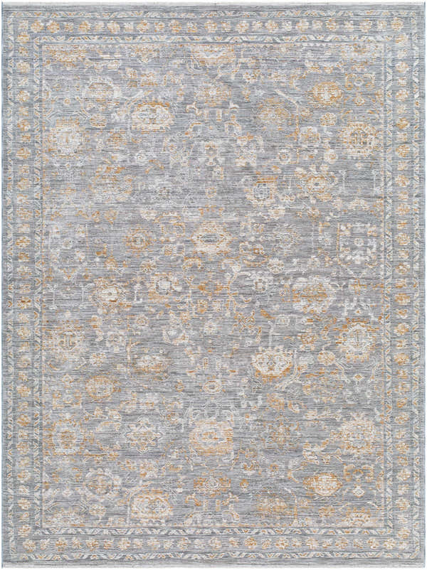 Detailed floral pattern of the Bayram Area Rug in gray, ivory, and brown. Farmhouse traditional style. Design-Rectangle-679