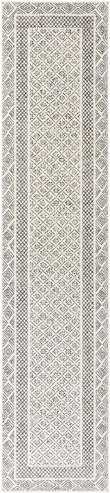 Close-up of Livabliss Bahar BHR-2321 area rug. Charcoal and off-white farmhouse style rug with diamond and floral pattern. Design-Runner-2712