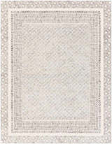 Close-up of the New Burdette Area Rug. Charcoal geometric pattern on off-white. Farmhouse style, machine woven texture. Design-Rectangle