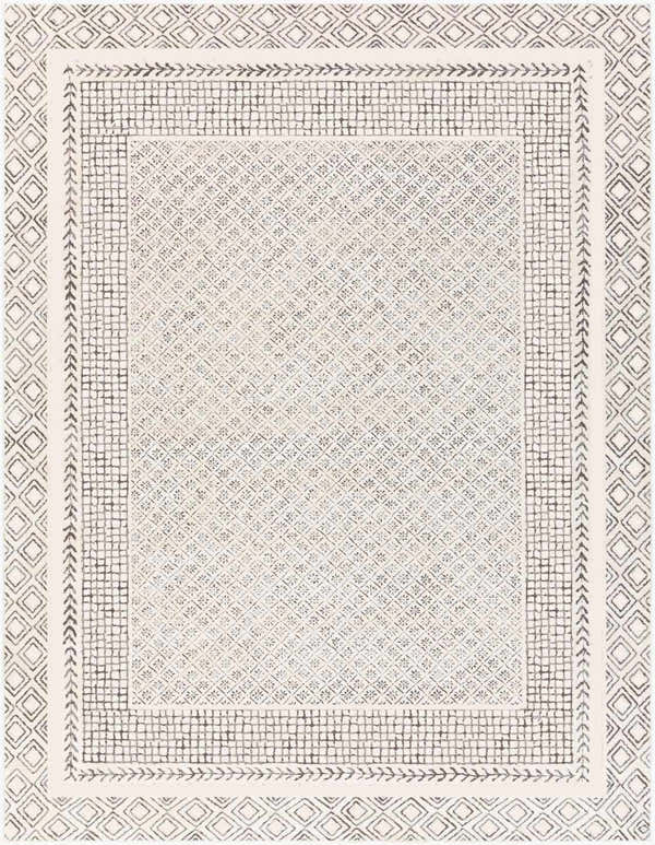 Close-up of the New Burdette Area Rug. Charcoal geometric pattern on off-white. Farmhouse style, machine woven texture. Design-Rectangle