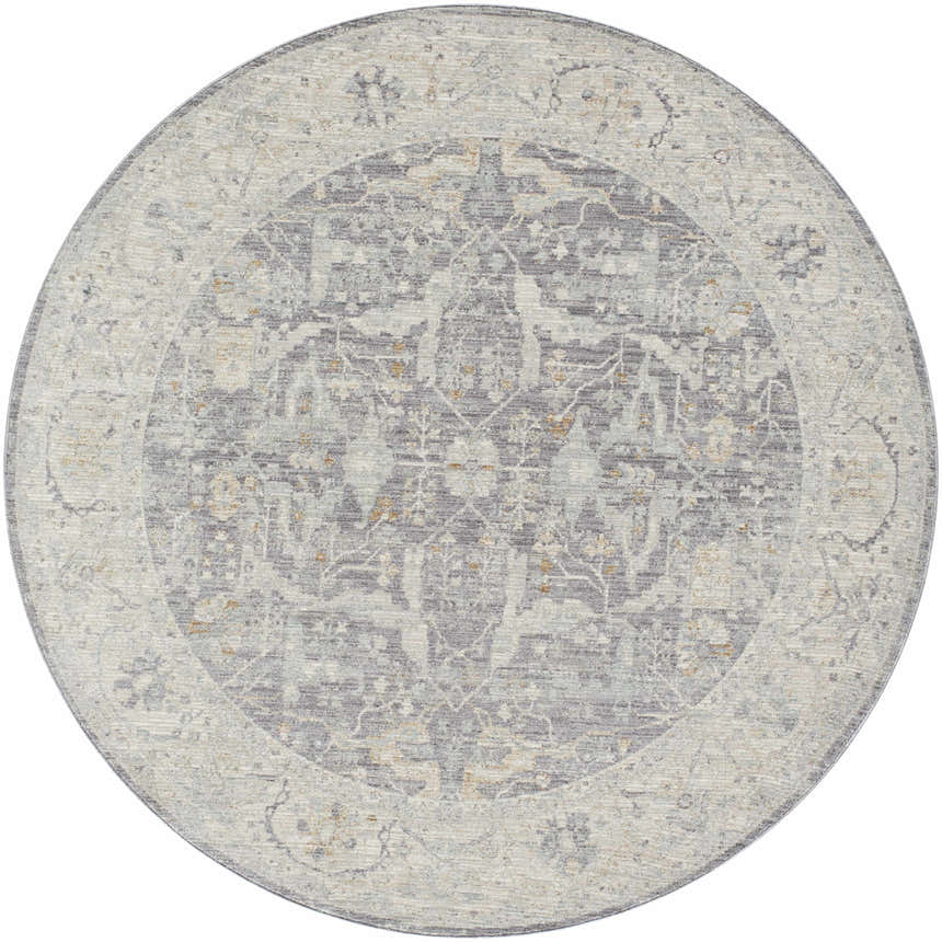 Binx Thick Luxe Statement Rug, round shape. Traditional style rug in brown, charcoal, sage, gray and teal. Design-Round-67