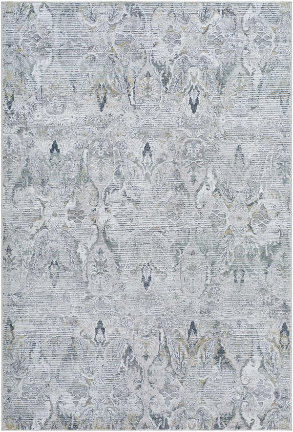 Close-up of the Bryony Area Rug. Features a traditional, farmhouse design in light silver, gray, and slate blue tones. Design-Rectangle-537