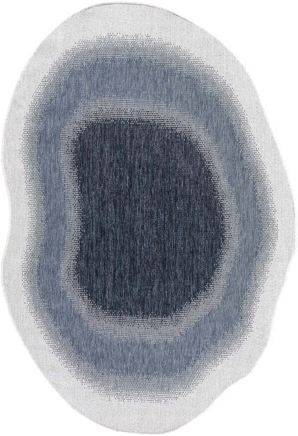 Close-up of the Burian Blue Area Rug. Abstract concentric pattern in navy, blue, cream. Machine woven texture. Design-Custom