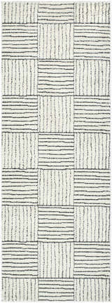 Close-up of Modern Scandi High Pile Architect I Area Rug; ivory and black geometric design. Contemporary style. Design-Runner-273