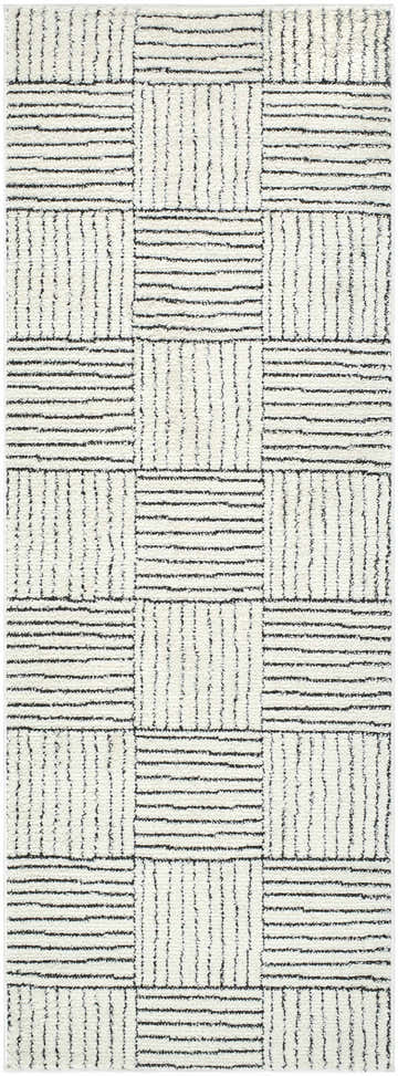Close-up of Modern Scandi High Pile Architect I Area Rug; ivory and black geometric design. Contemporary style. Design-Runner-273