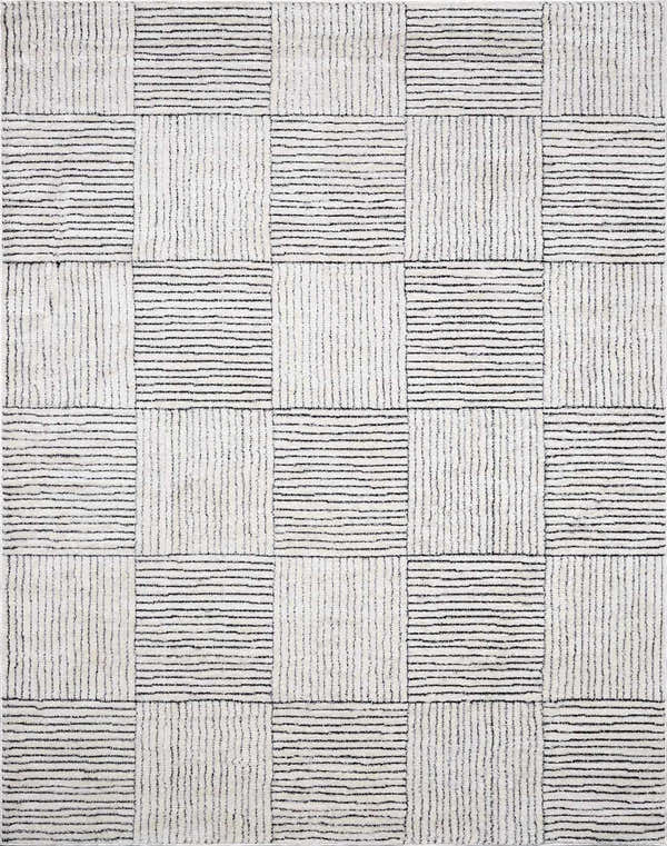 Close-up of Modern Scandi Architect I Area Rug. Ivory rug with black striped block pattern and high pile texture. Design-Rectangle-57