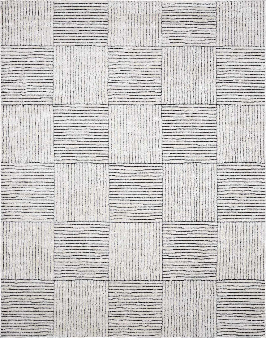 Close-up of Modern Scandi Architect I Area Rug. Ivory rug with black striped block pattern and high pile texture. Design-Rectangle-57
