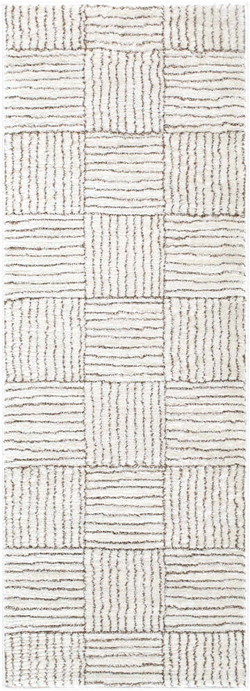 Close-up of the Architect Machine Woven Galey Alix x LIVABLISS GAAR-2301 Area Rug, featuring a brown and ivory geometric pattern. Design-Runner-273