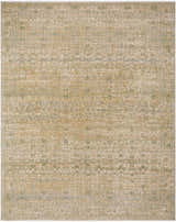 Close-up of the Riley Tan Area Rug. Hand-crafted wool rug with cream, green, sage, and tan farmhouse design. Design-Rectangle-710910