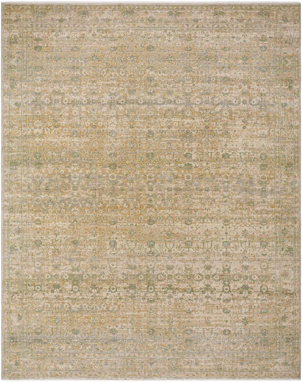 Close-up of the Riley Tan Area Rug. Hand-crafted wool rug with cream, green, sage, and tan farmhouse design. Design-Rectangle-710910