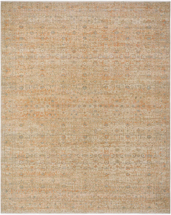 Close-up of the Riley Brown Area Rug featuring a traditional, tan, brown, and orange floral pattern. Design-Rectangle-710910