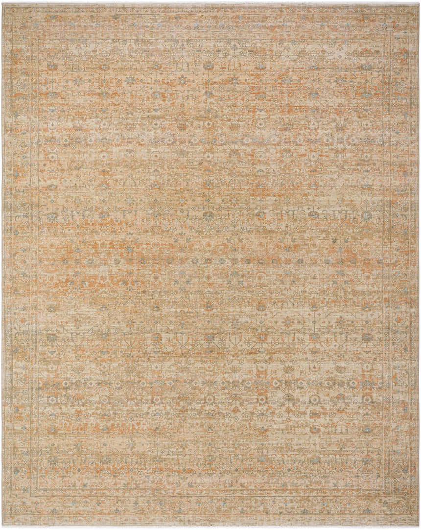 Close-up of the Riley Brown Area Rug featuring a traditional, tan, brown, and orange floral pattern. Design-Rectangle-710910