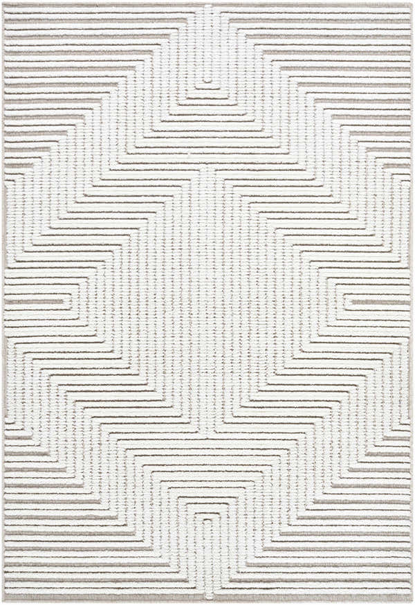 Close-up of Briana Beige Washable Area Rug. Contemporary style with geometric pattern in beige and off-white. Design-Rectangle-57