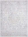 Close-up of the Bimala Area Rug: a machine-woven, rectangular rug in cream, light gray, tan, and black with a traditional pattern. Design-Rectangle-537