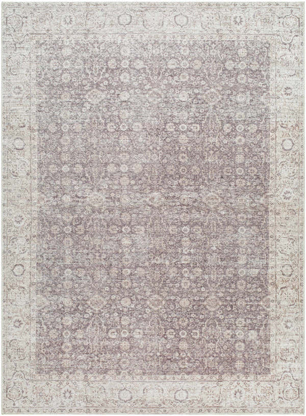 Close-up of the Spokane Machine Woven PNWSP-2302 area rug. Beige, cream, and dark red farmhouse style with a traditional floral pattern. Design-Rectangle-527