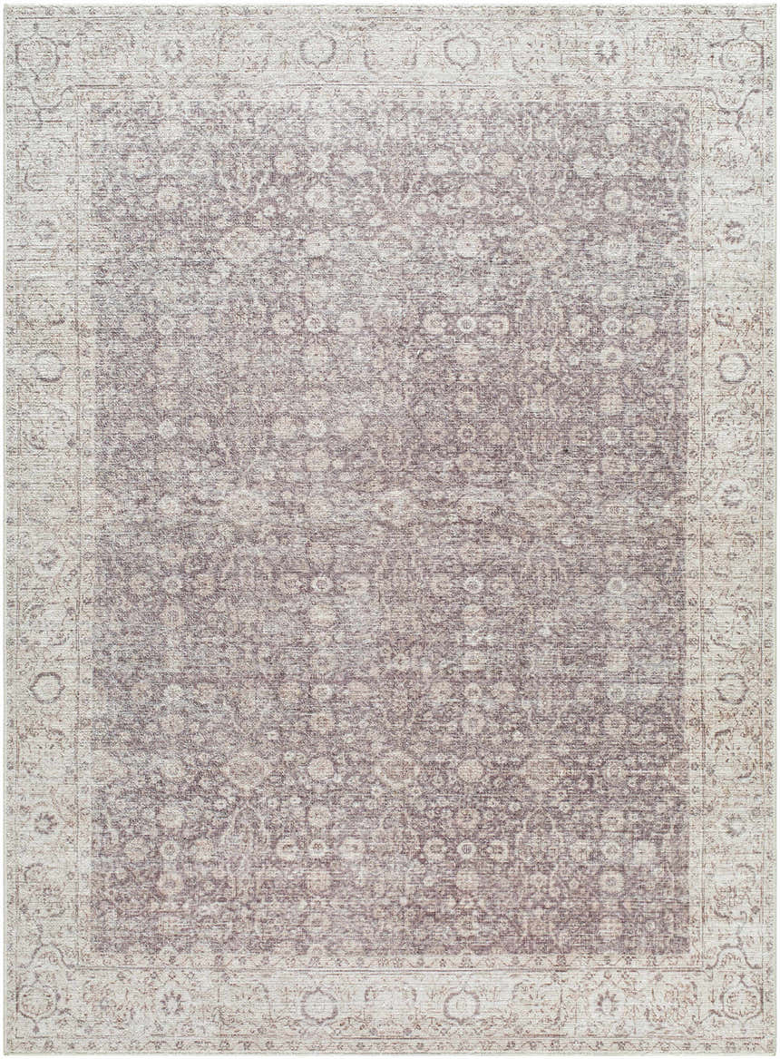 Close-up of the Spokane Machine Woven PNWSP-2302 area rug. Beige, cream, and dark red farmhouse style with a traditional floral pattern. Design-Rectangle-527