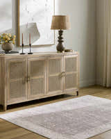 Living room scene with Spokane Machine Woven PNWSP-2302 rug, beige cabinet, lamp, and art. Farmhouse style. Roomscene-Rectangle