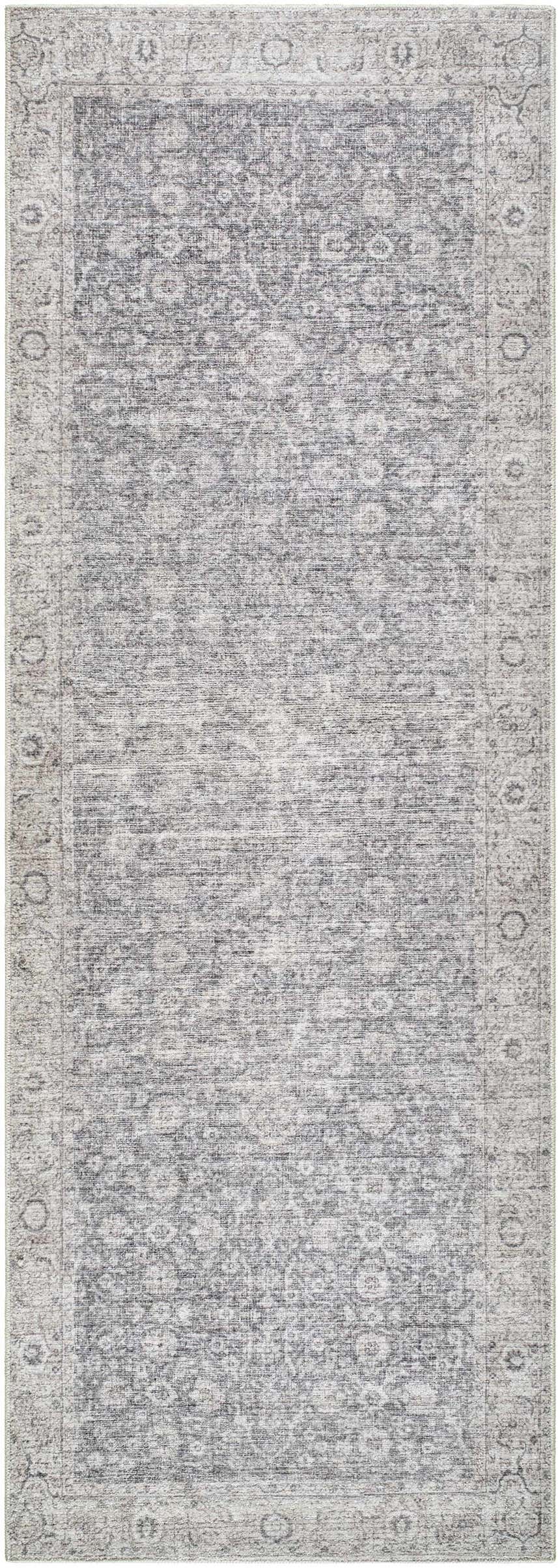 Close-up of the Spokane Machine Woven rug. Farmhouse style rug in charcoal, dark brown, and off-white with traditional pattern. Design-Runner-273