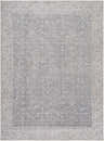 Close-up of the Spokane Gray Area Rug. Farmhouse style rug with charcoal, dark brown, and off-white traditional pattern. Design-Rectangle-527