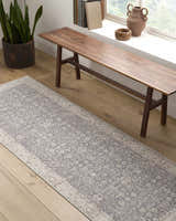 Farmhouse style entry with Spokane PNWSP-2306 runner rug, wood bench, plant, and natural light. Roomscene-Runner